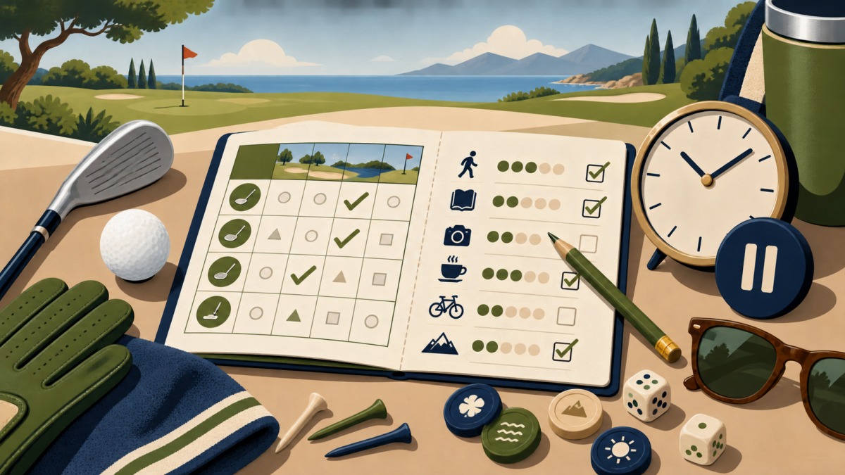 Carte de score abstraite convertie en checklist de loisir avec horloge et pause.