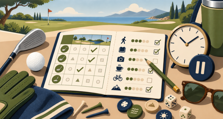 Carte de score abstraite convertie en checklist de loisir avec horloge et pause.